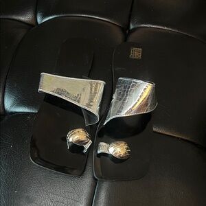 Silver Slide Sandals with Toe Ring